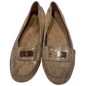Vionic "Sydney" Gold-Metallic Snakeskin Embossed Leather Loafers, Size 8